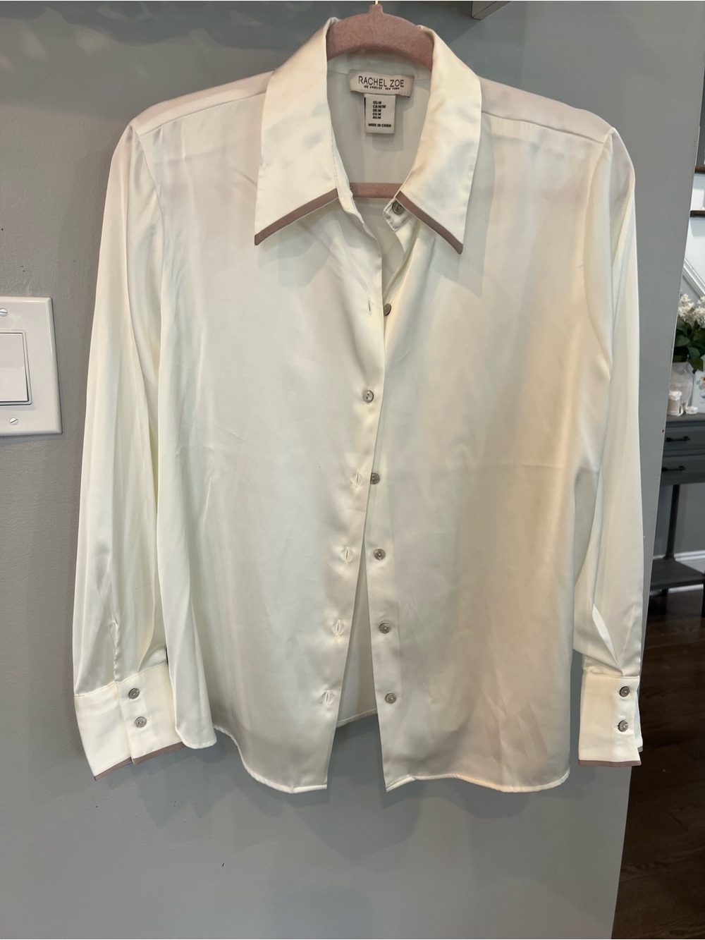 Rachel Zoe Women's  Ivory Button-Up Shirt with Brown Trim
